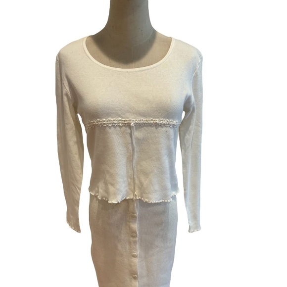 70s 2PC WHITE CROPPED TOP & BUTTON DOWN MIDI PENCIL SKIRT RIBBED KNIT SEPARATES - Picture 6 of 17